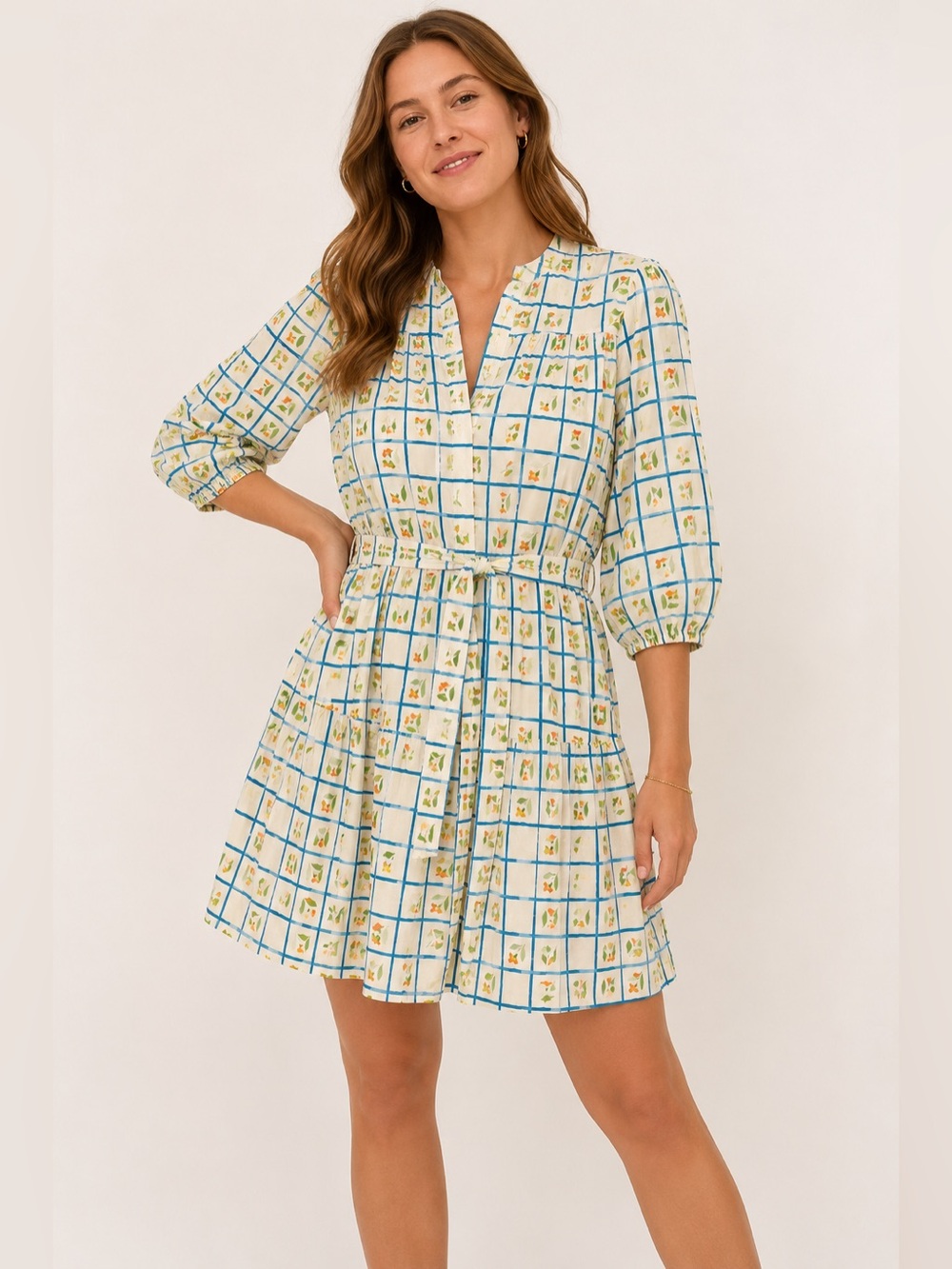Olivia James The Label Floral Grid Print Tie-Waist Mini Dress - Yellow/Blue